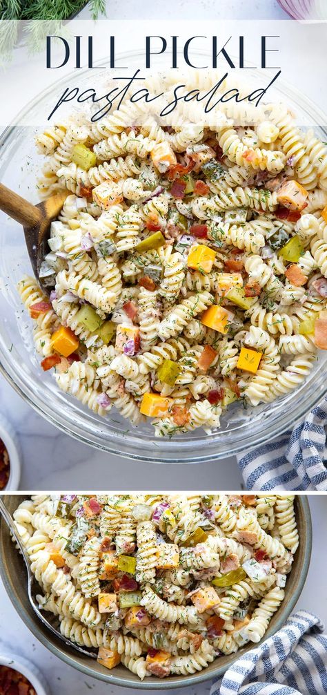 Pickle-lovers won't be able to resist this loaded dill pickle pasta salad! Pasta Dill Pickle Salad, Pickle Bacon Pasta Salad, Pickle Salad Pasta, Cottage Weekend Food, Pasta Salad With Pickles, Dill Pasta Salad Recipes, Recipes With Dill, Pasta Salad With Dill, Loaded Pasta Salad