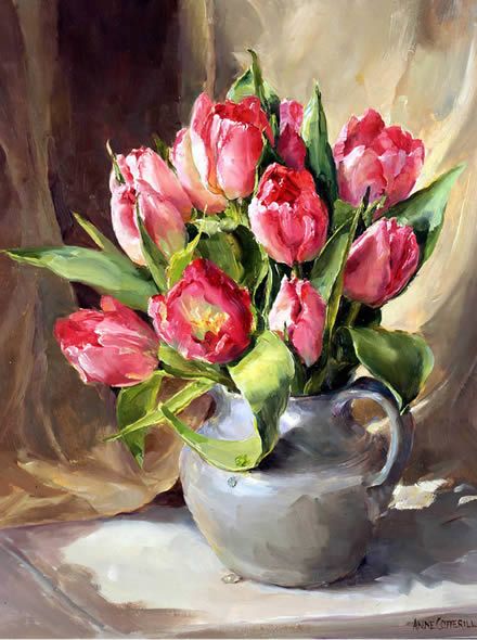 Farm Paintings, Tulip Painting, Hur Man Målar, Still Life Oil Painting, Tableau Art, Oil Painting Flowers, Pink Tulips, Flower Art Painting, Arte Floral