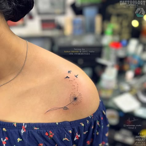 Dandelion Tattoo On Back, Dandelion With Ladybug Tattoo, Dandelion Shoulder Tattoos For Women, Tattoo Dandelion Birds, Dandelion Tattoo Ribcage, Dandelion Child Tattoo, 3 Dandelion Tattoo, Dandelion Tattoo Collar Bone, Dandelion And Bee Tattoo