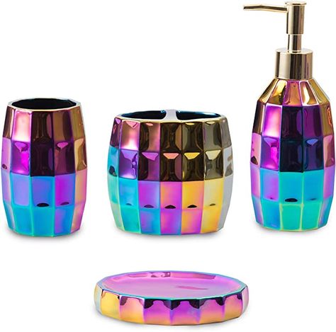 Amazon.com: LiveHouse Rainbow Bathroom Accessory Set, Colorful/Gold Mosaic Ceramic Bathroom Accessories Sets Includes Lotion Dispenser, Toothbrush Holder Tumbler, and Soap Dish : Home & Kitchen Purple Bathroom Accessories, Rainbow Bathroom, Ceramic Bathroom Accessories, Silver Bathroom Accessories, Mosaic Ceramic, Silver Bathroom, Gold Bathroom Accessories, Gold Mosaic, Purple Bathrooms