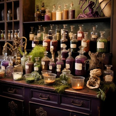 Vintage Apothecary Setup for a Witch's Halloween party | Premium AI-generated image Halloween Decor Apothecary, Dark Academia Apothecary, Witch’s Lair, Vintage Halloween Party Decorations, Occult Shop Aesthetic, Herbal Witch Aesthetic, Witch Apothecary Aesthetic, Witch Shop Aesthetic, Witch Objects