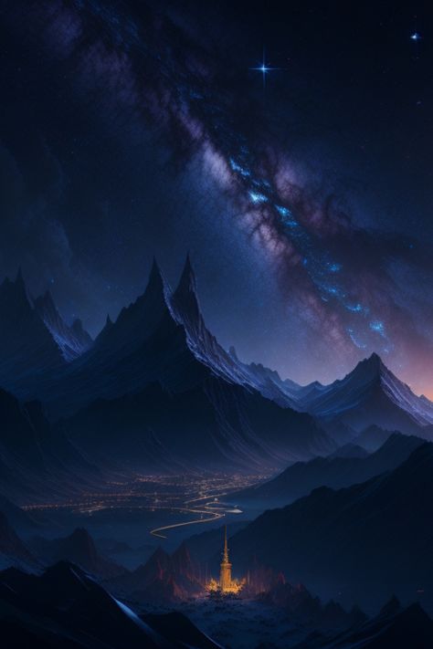 Embark on a journey through a majestic fantasy landscape, adorned with twinkling stars, and let your imagination take flight amidst its ethereal beauty. #nightscape #fantasy #landscape #aiart Celestial Landscape, Chat Wallpaper, Chat Wallpaper Whatsapp, Celestial Aesthetic, Wallpaper Whatsapp, Aesthetic Landscape, Twinkling Stars, Cool Landscapes, Ethereal Beauty