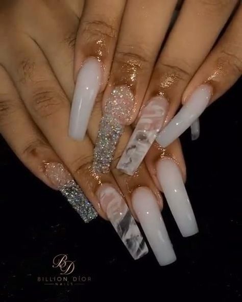 Birthday Nails Long Coffin, Birthday White Nails, Long White Acrylic Nails With Design, Acrylic Nails Curved, White Bday Nails, 16th Birthday Nail Ideas, White Bling Acrylic Nails, Birthday Nails White, White Birthday Nails