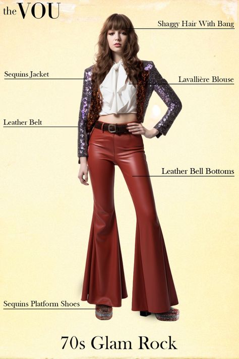 Punk Rock Glam Outfit, 60s Rock And Roll Fashion, 1980s Rock Fashion, 60s Fashion Rock N Roll, Glam Rock Outfits For Women, 70s Glam Rock Outfit, Classic Rock Aesthetic Outfits, Red Rocker Outfit, 70s Glam Rock Fashion