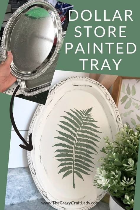 Grab a dollar store silver serving tray and get crafting. Watch this tutorial to see how to completely transform a serving platter with chalk paint and a stencil into a distressed botanical tray. Dollar Tree Serving Tray, Silver Tray Decor, Serving Tray Ideas, Silver Serving Tray, Diy Serving Tray, Silver Serving Trays, Chalk Crafts, Room Decor Crafts, Silver Platters