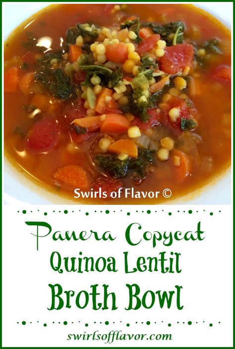 Quinoa Lentil Broth Bowl, a Panera copycat recipe, is an easy recipe for a hearty bowl of soup filled with lentils, quinoa, carrots, kale and a hint of lemon in a light tomato broth. Switch out the chicken broth for vegetable broth, top with an egg and you'll have a perfect Meatless Monday dinner! #Panera #copycatrecipe #brothbowl #vegetarian #swirlsofflavor Quinoa Soup Recipes, Quinoa Lentil, Broth Bowls, Lentil Quinoa, Easy Homemade Soups, Panera Copycat, Monday Dinner, Chicken Lentil, Meatless Monday Dinner