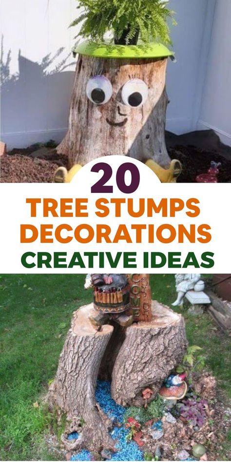 Turn ordinary tree stumps into eye-catching garden decor pieces! Begin by tidying up the stump, eliminating loose bark and debris. Next, even out the surface with a chainsaw or stump grinder for a polished look. Let your imagination run wild by sculpting intricate designs like animals or patterns on the stump. Alternatively, transform it into a planter by hollowing out a portion and adding soil with vibrant flowers. Safeguard your creation from the weather using a weather-resistant sealant. Outdoor Stump Decorating Ideas, Decorate Tree Stump Ideas, Gnome Stump House Tree Trunks, Stumps In Garden, Christmas Tree Stump Ideas, What To Do With Stumps In The Yard, Decorate Stumps In Yard, Tree Stump Halloween Ideas, Tree House On Stump