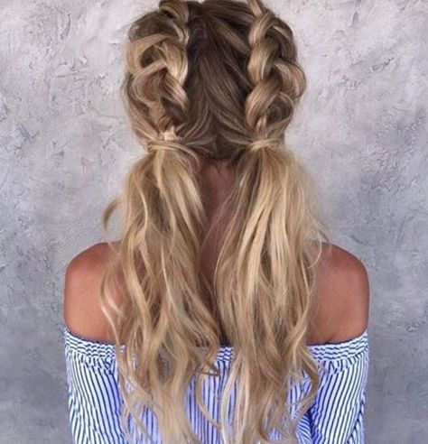 Two tied messy French-braided pigtails— love the wavy, texturized ends. Nice Braids, Goldie Locks, Dutch Braid Hairstyles, Everyday Hair, Braid Hairstyle, Pigtail Braids, Blonde Hair Inspiration, Penteado Cabelo Curto, Long Blonde