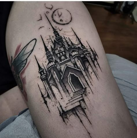 Dark Princess Tattoo, Gothic Castle Tattoo Design, Goth Castle Tattoo, Goth Architecture Tattoo, Gothic Patchwork Tattoo, Dark Castle Tattoo, Gothic Castle Tattoo, Victorian Gothic Tattoo Ideas, Gothic Architecture Tattoo