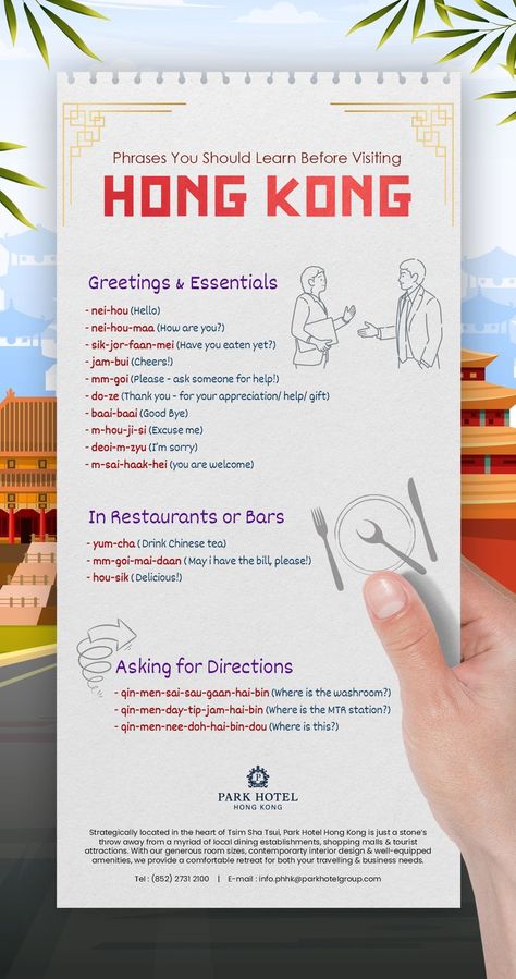 Here are some essential Cantonese phrases you must learn before visiting Hong Kong to stay connected with the local community and experience their culture & traditions. Start exploring the vibrant city as you enjoy your dream vacation at Park Hotel Hong Kong, located in close proximity to iconic tourist attractions. Hong Kong Travel Guide, Tsim Sha Tsui, Asia Trip, Hong Kong Hotels, Hong Kong Travel, Close Proximity, Travel Checklist, Beijing China, Park Hotel