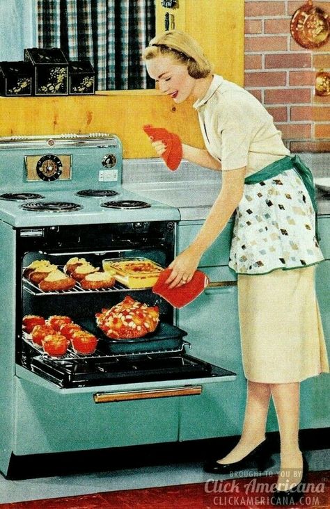 Happy housewife and her turquoise oven.