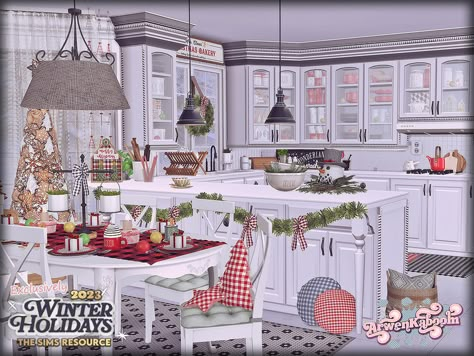 The Sims Resource - Hollyland Living Room Sims 4, Sims 4 Kitchen, Sims 4 Clutter, Dining Rug, Sims 4 Cc Furniture, Pink Mirror, Decor Buy, Christmas Room, Christmas Dining