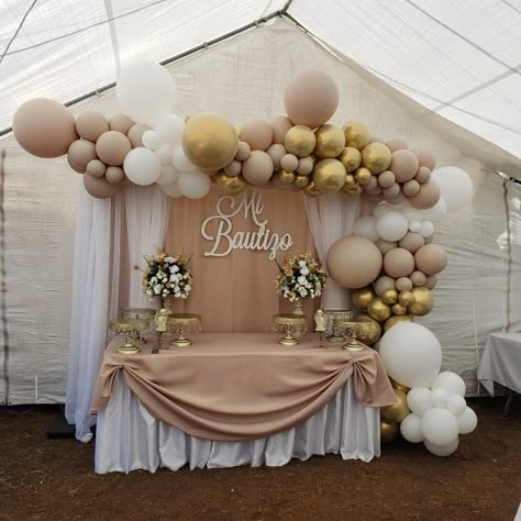 Baptism Balloon Backdrop, Boy Bautizo Party Ideas, Simple Bautizo Decorations, Girl Baptism Theme, Baptism Decorations Backdrops, Baptism Backdrop Ideas, Bautismo Ideas Decoration, Bautizo Ideas Boy Decoration, Confirmation Decorating Ideas