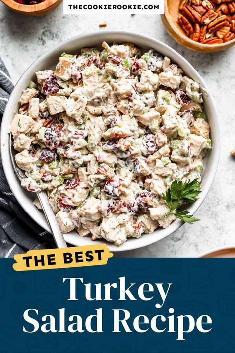 This easy Turkey Salad recipe is a great way to use up leftover turkey, and it's so delicious! Turkey, cranberries, pecans, mayo, and a few other ingredients make a super creamy and flavorful mix. These turkey salad sandwiches make a quick and easy lunch idea, or eat it as a dip or side dish! Turkey Cranberry Pecan Salad, Cranberry Pecan Turkey Salad, Smoked Turkey Salad Recipes, Turkey And Cranberry Recipes, Turkey Cranberry Salad, Turkey Cranberry Sandwich, Leftover Turkey Salad, Turkey Salad Sandwich, Camper Food