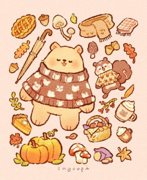 Kawaii Fall Wallpaper, Fall Wallpaper Iphone, Bear Drawing, Autumn Illustration, Kawaii Animals, Autumn Art, Fall Wallpaper, Kawaii Drawings, Kawaii Art