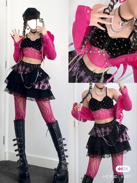 Pink And Black Kpop Outfits, Bubblegum Punk Fashion, Outfits To Wear To A Pink Concert, Hyperpop Concert Outfit, Punk Harajuku Outfits, Hot Pink Punk Outfits, Alt Barbie Outfits, Black And Pink Punk Aesthetic, Pink Punk Aesthetic Outfits