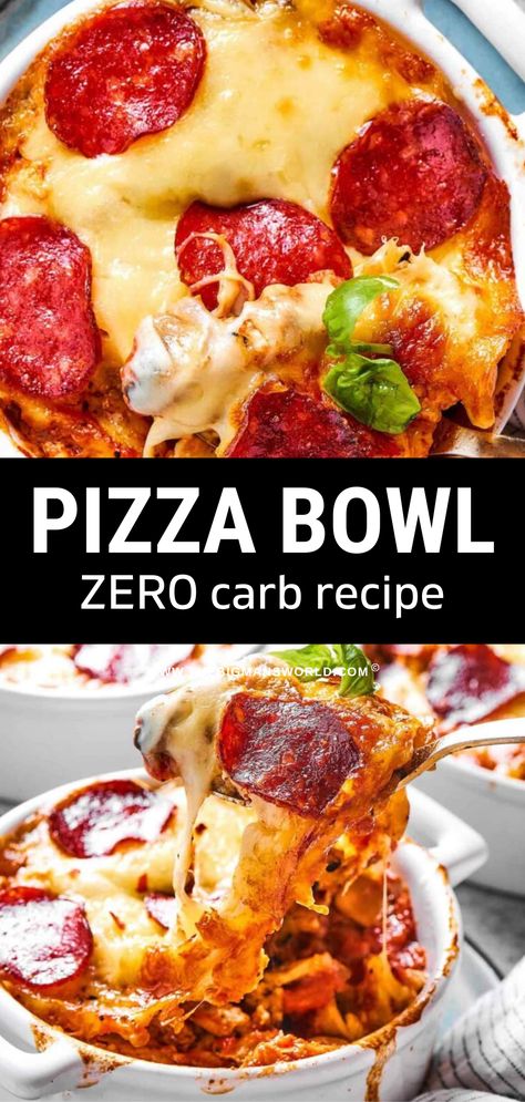 Keto Pizza Bowl, Pizza Bowl Recipe, Pizza In A Bowl, Pizza Bowls, Cheese Mushrooms, Pepperoni Recipes, Low Carb Spaghetti, Zero Carb Foods, Pizza Bowl