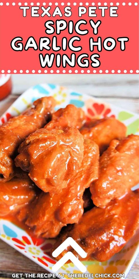 We used Texas Pete Hot Sauce for these Spicy Garlic Hot Wings Recipe, and they're an easy appetizer, snack or fun finger food for lunch or dinner! Chicken Wing Hot Sauce Recipe, Hot Wing Sauce Recipe, Finger Food For Party, Party Snacks Kids, Texas Pete Hot Sauce, Finger Foods Recipes, Hot Wings Recipe, Christmas Party Appetizers, Party Food Easy