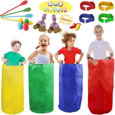 PRICES MAY VARY. FOR 4-8 PLAYERS. Our outdoor lawn game set includes 4 colorful Potato Sack Race Bags, perfect size 39.3" x 25.9" for Kids & Adults. 4 Wooden Egg & Spoon Race Game Sets for training kid's balance ability. 4 pcs 3 Legged Relay Race with elastic tie rope adjustable, and with EXTRA BOBUS - 10 Plastic Gold Medals &2 Whistles. UPGRADED POTATO SACK BAG. The Sacks made of high-quality durable Oxford Fabric, Say goodbye to traditional Burlap Bags, and solve the problems of odor, fluffing Potato Sack Race, Potato Sack Races, Field Day Games, Egg And Spoon Race, Sack Race, Potato Sack, Outdoors Birthday Party, Relay Races, Easter Games