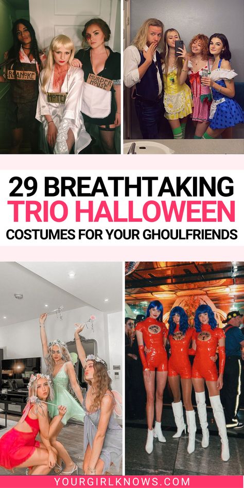 Stop searching and start celebrating in style this Halloween with these 29 hottest trio costumes. Perfect for you and your friends, show off your creativity at any party or event! Don't wait, dress up your squad with these unique ideas now! Costume For Three Girls Ideas, Halloween Costume Group 3 Person, Trio Fancy Dress Ideas, Three Friends Costumes, Triples Halloween Costumes, Three Friends Costumes Halloween, Halloween Costumes Women 3 Friends, Trio Character Costumes, Halloween Costumes Sisters Women