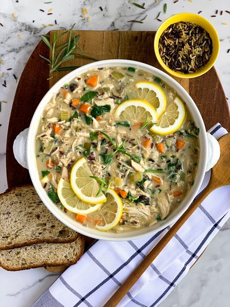 Lemon Chicken & Wild Rice Stew Lemon Chicken Stew, Lemon Wild Rice Soup, Lemon Chicken Wild Rice Soup, Wild Rice Soup Crockpot, Rice Soup Crockpot, Lemon Chicken Rice Soup, Wild Rice Soup Recipes, Lemon Soup, Chicken Wild Rice Soup