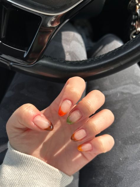 Funky French Manicure, Multicolored Fall Nails, Dark Orange French Tip, Fall Color French Tip Nails, Thanksgiving French Tip Nails, Autumn French Tip Nails, Autumn Nails French Tips, French Fall Nails, Fall French Tips