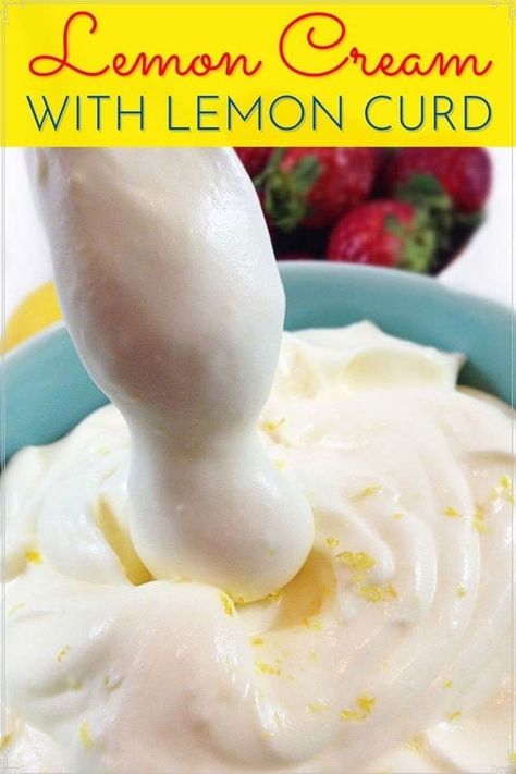 This delightful lemon cream with lemon curd recipe will enhance your spring and summer desserts and cakes. Delicious, not too sweet, and addictive! Perfect with used as cake filling or when dolloped on ice cream, pie, or fruit! This light dessert recipe has the light and creamy consistency of whipped cream as well as also the distinctly sweet tart pucker of lemon curd. Recipe Using Lemons, Cream Filling Recipe, Recipe With Lemon, Easy Lemon Curd, Lemon Cream Pies, Sweet Sauces, Curd Filling, Citrus Recipes, Lemon Curd Recipe