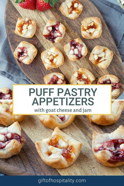 Appetizers With Goat Cheese, Goat Cheese And Jam, Puff Pastry App, Easy Puff Pastry Appetizers, Goat Cheese Recipes Appetizers, Cheese And Jam, Puff Pastry Recipes Appetizers, Mill On The Floss, Puff Pastry Bites