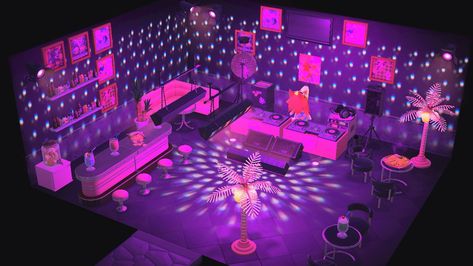 Night Club Animal Crossing, Animal Crossing Club Ideas, Animal Crossing Dj Area, Acnh Nightclub, Animal Crossing Stage, Acnh Club, Acnh Vaporwave, Acnh Builds, Disco Floor