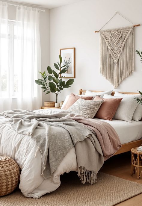 Scandi Boho Decor Cosy Scandi Bedroom, Scandinavian Throw Pillows, Scandi Boho Bedroom, Cozy Neutral Bedroom Boho, Scandinavian Bedroom Minimalist, Scandi Bedroom Decor, Scandi Minimalist Home, Scandi Room, Scandi Boho Living Room