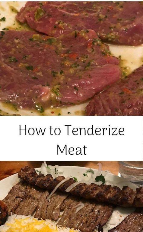 There are several techniques to achieve deliciously succulent, tender meat. #tenderize #meat #cookingtips #marinate How To Tenderize Meat, Meat Tenderizer Recipe, Meat Marinade Recipes, Easy Steak Marinade Recipes, Roaster Recipes, Beef Marinade, Veal Recipes, Beef Steak Recipes, Meat Marinade