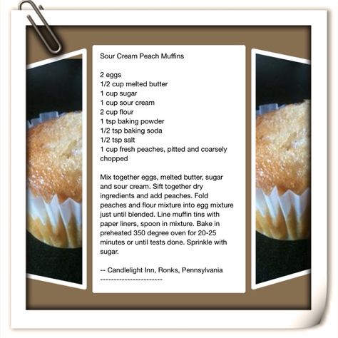 Peach Muffins Just Like Folks! Folks Peach Muffin Recipe, Peach Muffin, Peach Muffin Recipes, Peach Muffins, Lemon Cookies Recipes, Sweet Muffin, Cozy Meals, Cowboy Party, Muffin Recipe