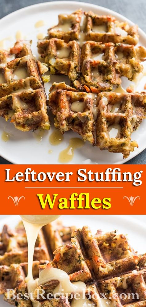 Leftover Stuffing Waffles Recipe, Waffles Recipe Easy, Leftover Stuffing Waffles, Thanksgiving Brunch Recipes, Stuffing Waffles, Leftover Stuffing Recipes, Leftover Meals, Stuffed Waffles, Leftover Stuffing