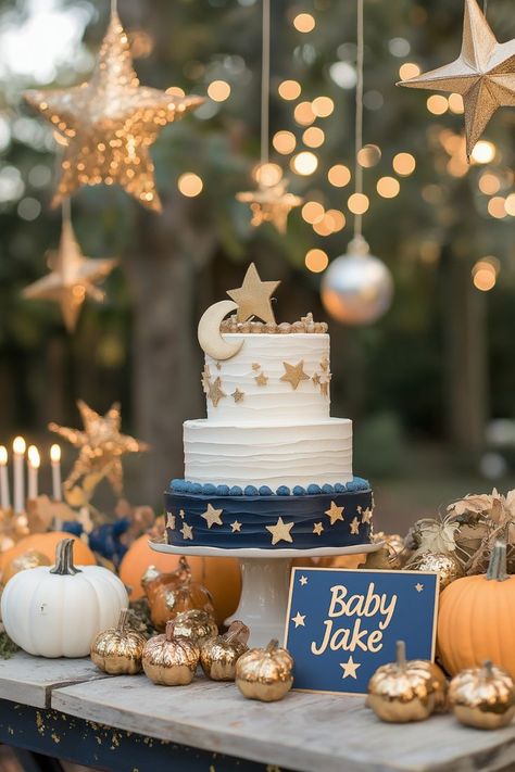 Planning a cute baby sprinkle this October? This magical Twinkle Twinkle Little Star theme is perfect for an outdoor fall celebration. The stunning starry backdrop & celestial decorations create a dreamy atmosphere for guests. The elegant cake and festive table decor add to the cozy fall vibe, making this setup ideal for mom or as a Co-Ed Baby Shower Idea. Whether you’re planning a shower for twin boys or celebrating its a boy, this theme is sure to have everyone falling in love with your party Cow Jumped Over The Moon Baby Shower Theme, Baby Shower Star Theme, Moons And Stars Baby Shower Ideas, Acotar Baby Shower Ideas, Classy Boy Baby Shower Ideas, Star Themed Baby Shower Ideas, Space Theme Baby Shower Ideas Decoration, Alien Baby Shower Theme, Baby Shower Stars And Moon Theme