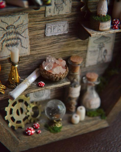 I'm working on a new collection of wall hangings (like this one!) & trinket boxes topped with magical handmade miniatures! 🔮🗝️🕯️🧚🏻‍♂️ I always get a lot of questions about my minis and where I find them, but they're all individually handmade by me! If you're curious about the materials I use, the little books are made with recycled leather scraps and cardboard and are hand painted with gold and silver ink, the glass bottles are filled with natural dried flowers like lavender and dandelion fl... Shops Finds, Spooky Dollhouse, Mini Bookcase, Wizard Aesthetic, Fairy Miniatures, Miniature Shelf, Dollhouse Crafts, Curiosity Box, Mini Project