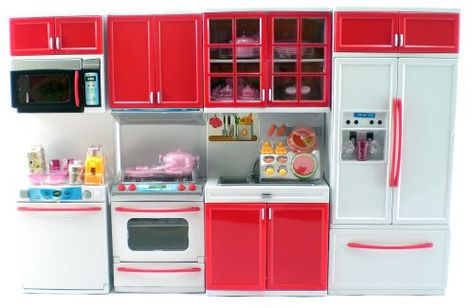 GIRL FUN TOYS RED DELUXE MODERN BARBIE SIZE KITCHEN STOVE, FRIDGE, MICRO WAVE ETC Barbie Doll Kitchen, Doll Kitchen, Kitchen Playset, Battery Operated Toys, Wooden Play Kitchen, Play Kitchens, Play Pretend, Pretend Play Kitchen, Play Kitchen Sets