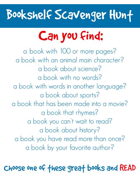 Challenge Kids to a Bookshelf Scavenger Hunt | Parents | Scholastic.com Book Scavenger, Scavenger Hunt Ideas For Kids, Book Scavenger Hunt, School Library Lessons, Library Orientation, Scavenger Hunt Ideas, Passive Programs, Reading Printables, Library Lesson Plans