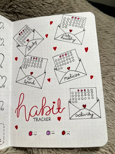 Habit Tracker Journal Layout, Month Journal Ideas February, February Notebook Ideas, Bujo Important Dates, Bull Journal Ideas, February Dot Journal, Bujo Monthly Tracker, Feb Habit Tracker, Feb Bujo Theme