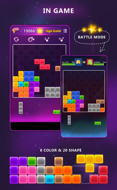 Block 1010 mobile game on Behance Block Blast, Block Games, Neon Game, Block Puzzle Game, 80's Vibes, Tetris Game, Block Puzzle, Game Banner, Neon Style