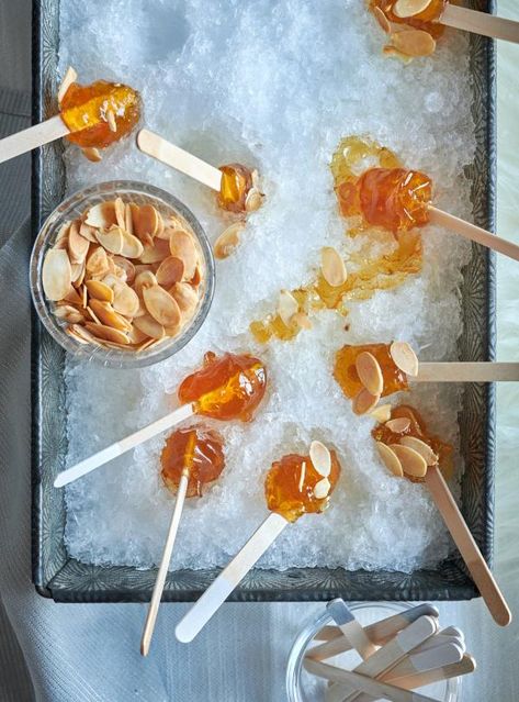 We gave the traditional maple taffy on snow a kick of cayenne, as well as warm winter spices like cinnamon and star anise. Maple Taffy, Canadian Dishes, Sugar Shack, Edible Gifts, Taffy, Sliced Almonds, The Boyz, Vegan Paleo, Something Sweet