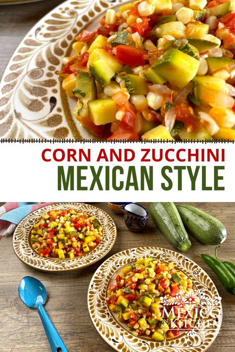 This Mexican zucchini and corn (calabacitas con elote) is a fun and easy recipe to make. The corn adds sweetness and texture to this dish- It's very delicious. This Mexican side dish takes less than half an hour from start to finish! Mexican Potluck, Calabacitas Recipe, Mexican Side Dish, Mexican Zucchini, Mexican Side, Zucchini Side Dishes, Real Mexican Food, Healthy Mexican Recipes, Mexican Side Dishes