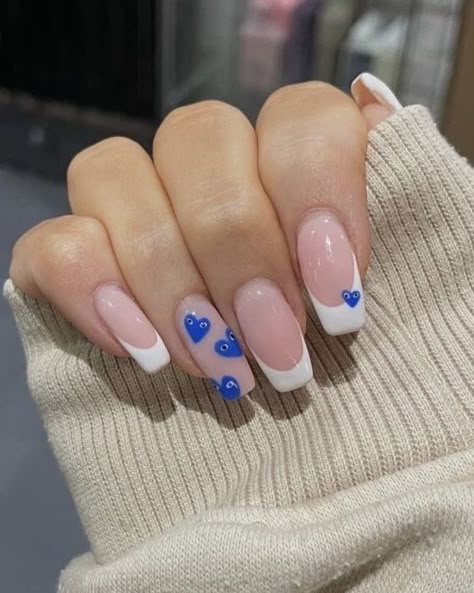 Heart Evil Eye Nails, White Tips With Blue Design Nails, Nail Inspo Heart With Eyes, Greek Nails Ideas, Blue Heart French Tip Nails, Blue Love Heart Nails, Blue Nails Holiday, Evil Eye Heart Nails, Nails For Portugal