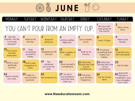 School Self Care, Teacher Burnout, June Challenge, Calendar June, My School, School Counseling, Mental And Emotional Health, Self Care Activities, Free Resources