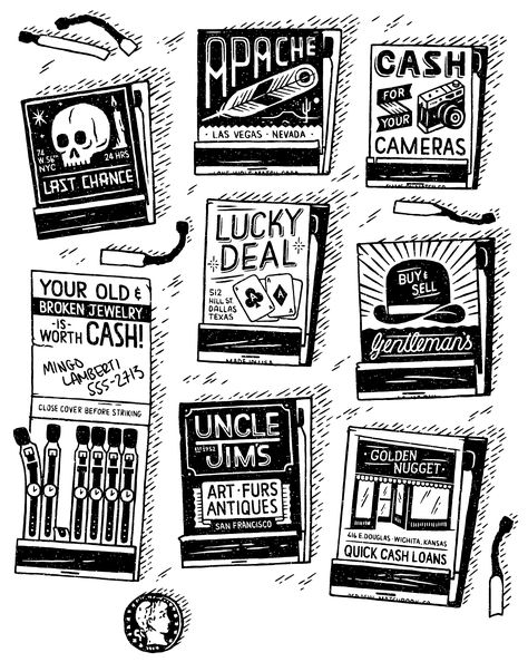 Pawn Shop by MUTI Linoprint Tattoo, Matches Drawing, Matchbox Tattoo, Vintage Brooklyn, T Shirt Illustration, Matchbook Art, Spooky Tattoos, Horror Tattoo, Minimalist Tattoos