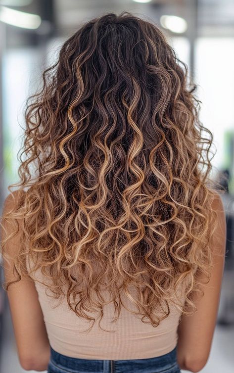 Ombre hair color on long curly hair with soft blended tones for dimension. Brunette Curly Hair Color Ideas, Ombre Hair Color For Curly Hair, Ombre Hair Color Curly Hair, Naturally Curly Hair Color, Natural Curly Hair With Highlights, Wavy Balayage Hair, Hair Color Ideas For Brunettes Curly, Color On Curly Hair, Curly Ombre Hair