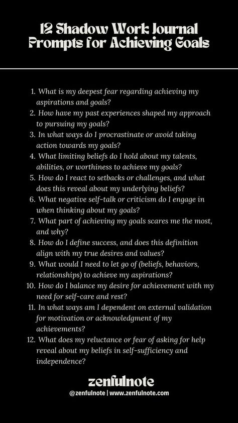 Engaging in shadow work to achieve aspirations and goals involves confronting the parts of yourself that you might not be fully aware of, which can hold you back or sabotage your success. This deep self-reflection can illuminate hidden fears, limiting beliefs, and unresolved conflicts, enabling you to move forward more freely. Work Journal Prompts, Shadow Work Journal Prompts, Shadow Work Spiritual, Therapy Questions, Shadow Work Journal, Daily Journal Prompts, Work Goals, Work Journal, Work Success