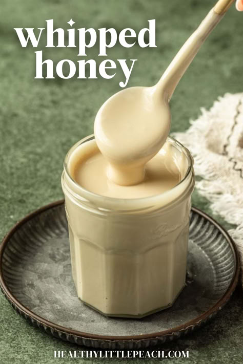 a jar of whipped cream color honey with a spoon taking a big scoop Honey Pancakes, Whipped Honey, Best Paleo Recipes, Honey Coffee, Healthy Honey, Honey Sauce, Spread Recipes, Free Labels, Honey Recipes