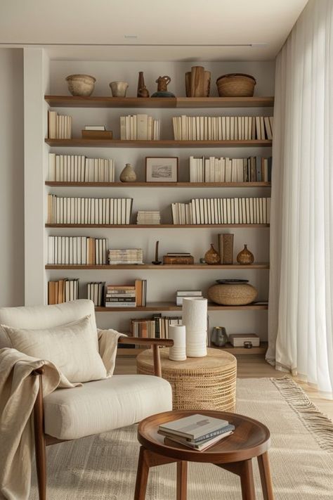 Organized Interior Design, Home Ideas Minimalist, Cute Shelves For Living Room, Quiet Living Room, Innovative Interior Design Ideas, Minimalism Home Design, Minimalistic Wall Design, Interior Design Home Library, Home Decor Bookshelves