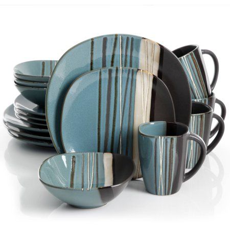 Dinnerware Sets Walmart, Dinnerware Sets For 12, Casual Dinnerware Sets, White Dinnerware Set, Square Dinnerware Set, Drip Design, Casual Dinnerware, Plates And Bowls Set, Stoneware Dinnerware Sets