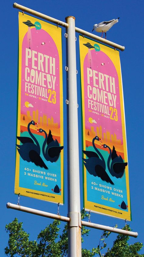 Perth Comedy Festival Event Signage Design. I had so much fun designing something for my hometown. Inspired by sunsets over the Indian Ocean and the black swan which is native to West Australia. Festival Flag Design, Event Signage Design, Festival Design Poster, Festival Signage, Selfie Point, Festival Branding, West Australia, The Black Swan, Branding Design Studio